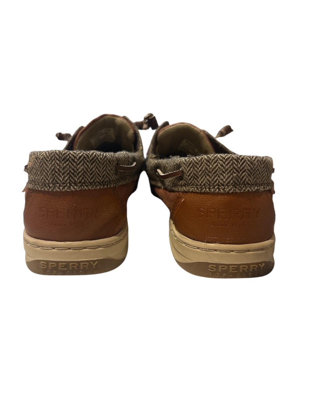 Sperry Women's Tan Leather Boat Shoes with Patterned Collar - Picture 2 of 5